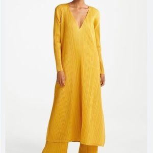 Pleats Please by Issey Miyake V neck, yellow dress